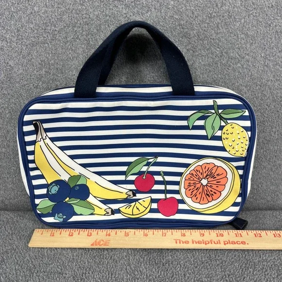 Tory Burch Cosmetic Bag Travel Toiletry Organizer Blue White Stripe Fruit Print - Picture 15 of 16